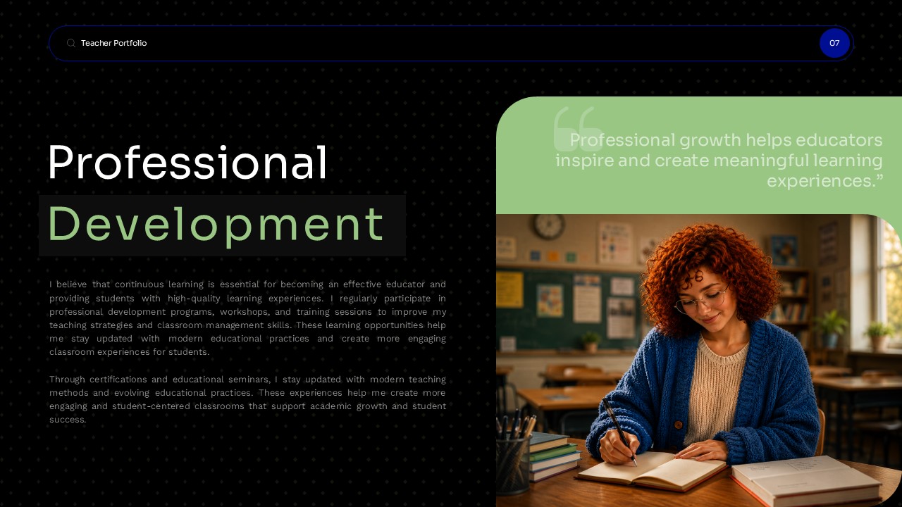 Teacher Portfolio Template - Development slide to showcase your commitment to continuous learning and growth