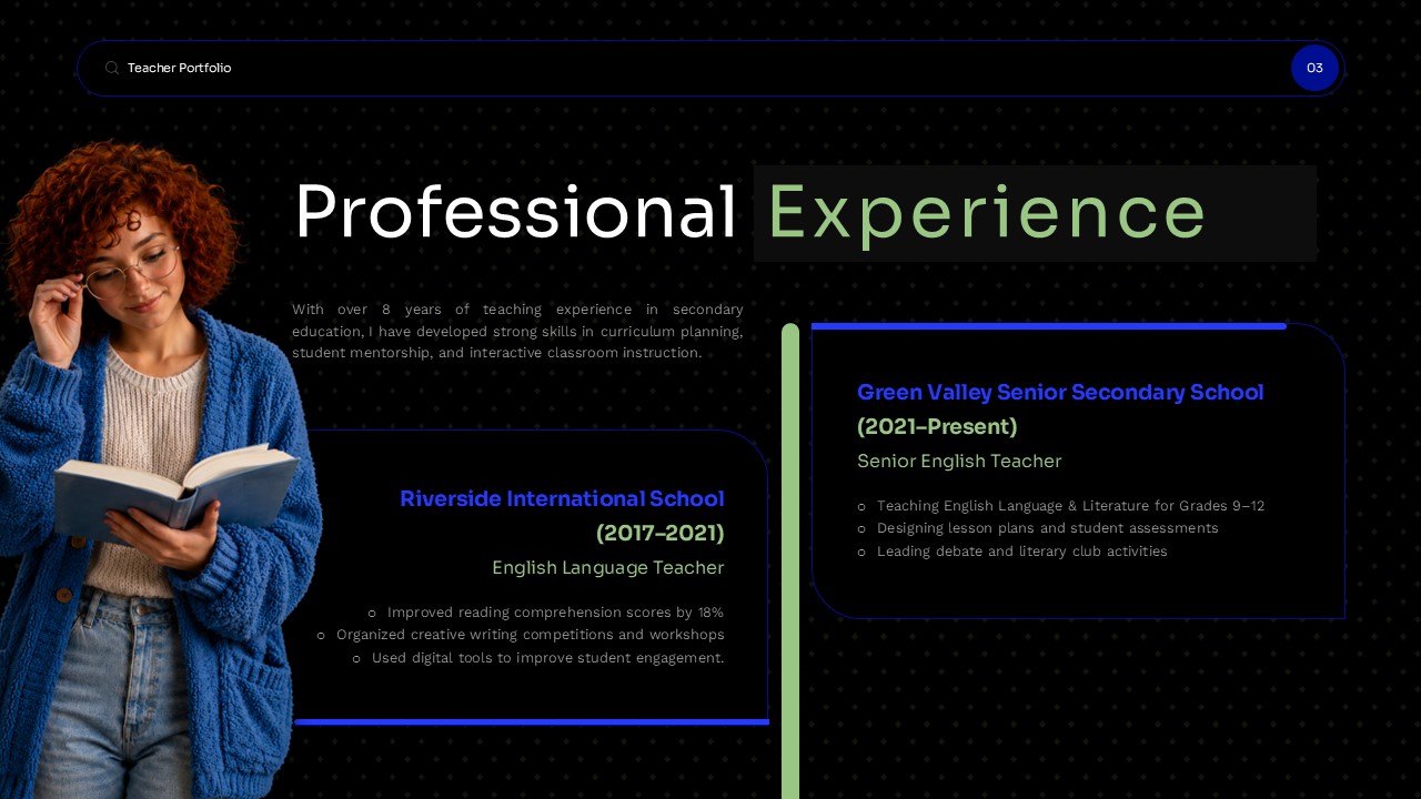 Teacher Portfolio Template - Experience slide to showcase your teaching career history and key achievements