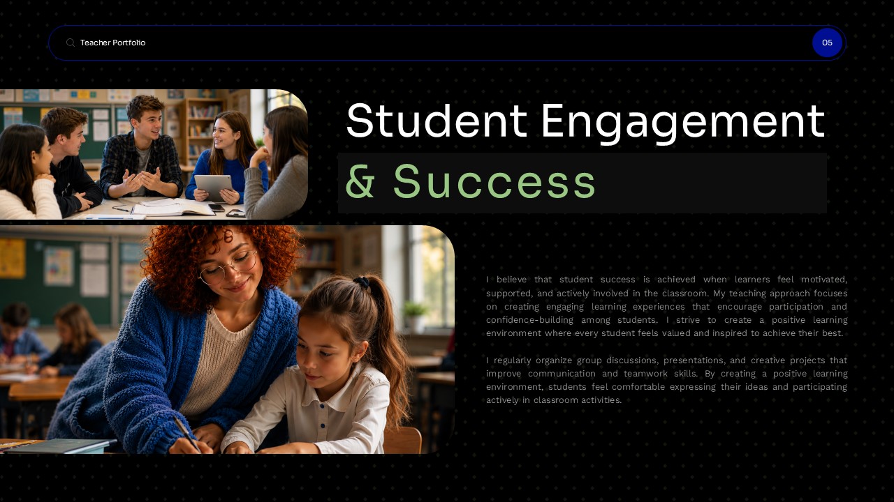 Teacher Portfolio Template - Engagement slide to demonstrate your impact on student success with real examples