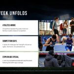 2026 Patriot Games Eligibility Slide - two-by-two white card grid over dark stadium photo with flag athlete image