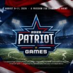 2026 Patriot Games Overview Slide - two-column layout with dark stadium photo left and white ESPN callout card right