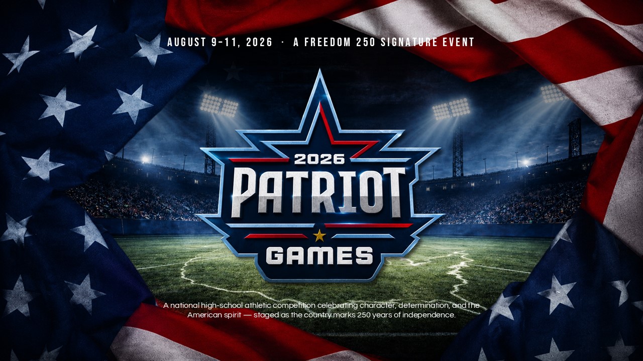 2026 Patriot Games Overview Slide - two-column layout with dark stadium photo left and white ESPN callout card right