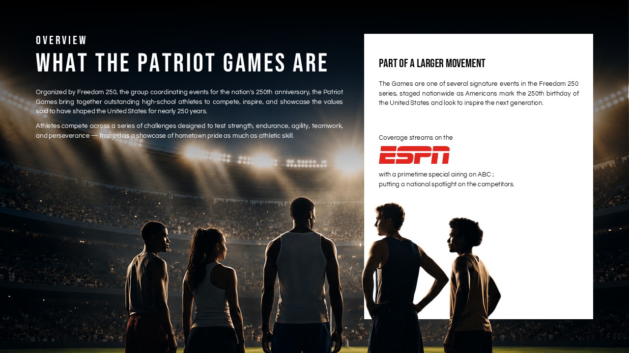 2026 Patriot Games Stats Slide - four white KPI cards over track relay photo with crimson metrics