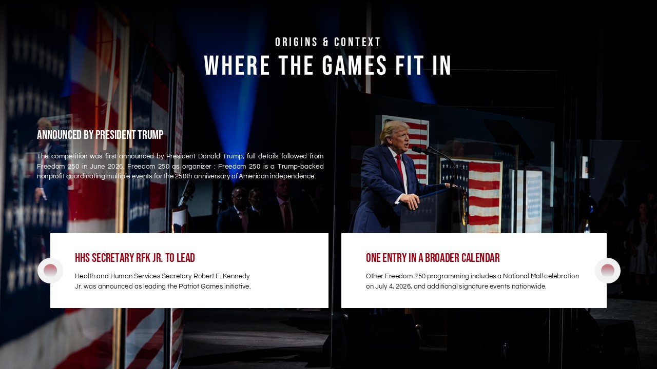 2026 Patriot Games Summary Slide - celebratory athlete hero photo with four white bullet-point overlay rows