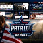 2026 Patriot Games Template - dark navy cover slide with centered logo, date line, and American flag accents