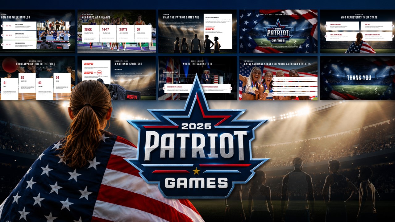 2026 Patriot Games Template - dark navy cover slide with centered logo, date line, and American flag accents