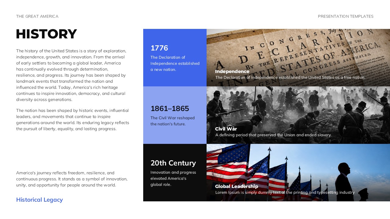 The Great America Culture & Lifestyle Template - Royal blue quote panel beside rodeo and portrait photography layout