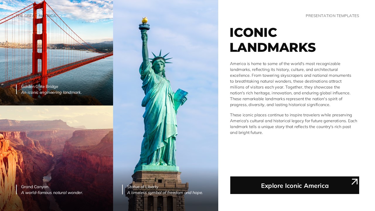 The Great America Global Impact Template - Patriotic photo header above three colored panels for Education, Trade, and Culture