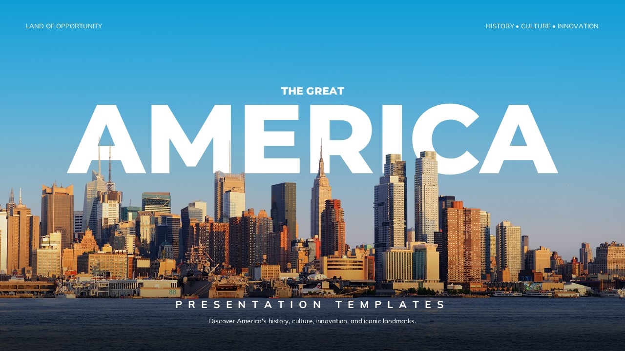 The Great America Google Slides Template - NYC skyline cover slide with bold AMERICA hero title in white