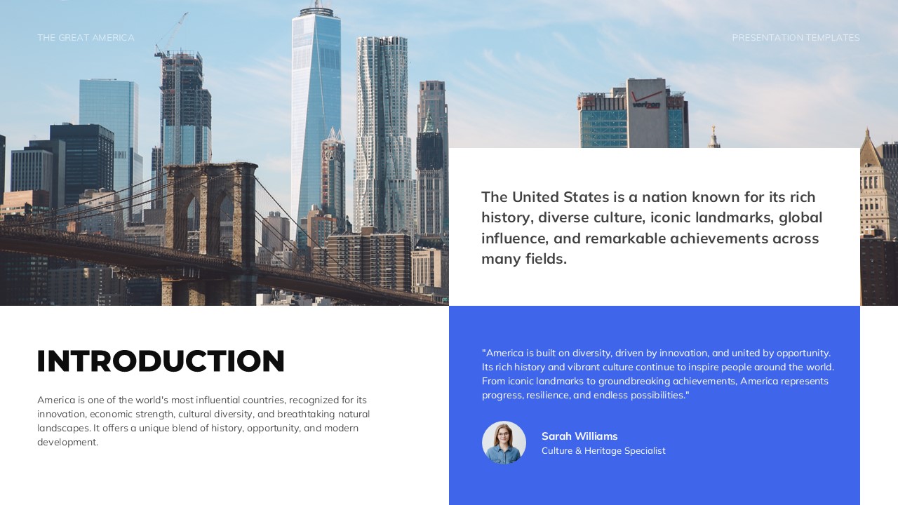 The Great America Introduction Template - Split layout with Brooklyn Bridge photo and expert testimonial quote block