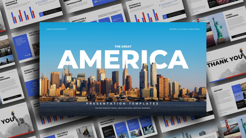 The Great America Template - Full 11-slide deck preview showcasing patriotic blue, red, and white design system
