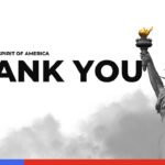 The Great America Thank You Template - Bold THANK YOU typography beside grayscale Statue of Liberty with golden torch accent