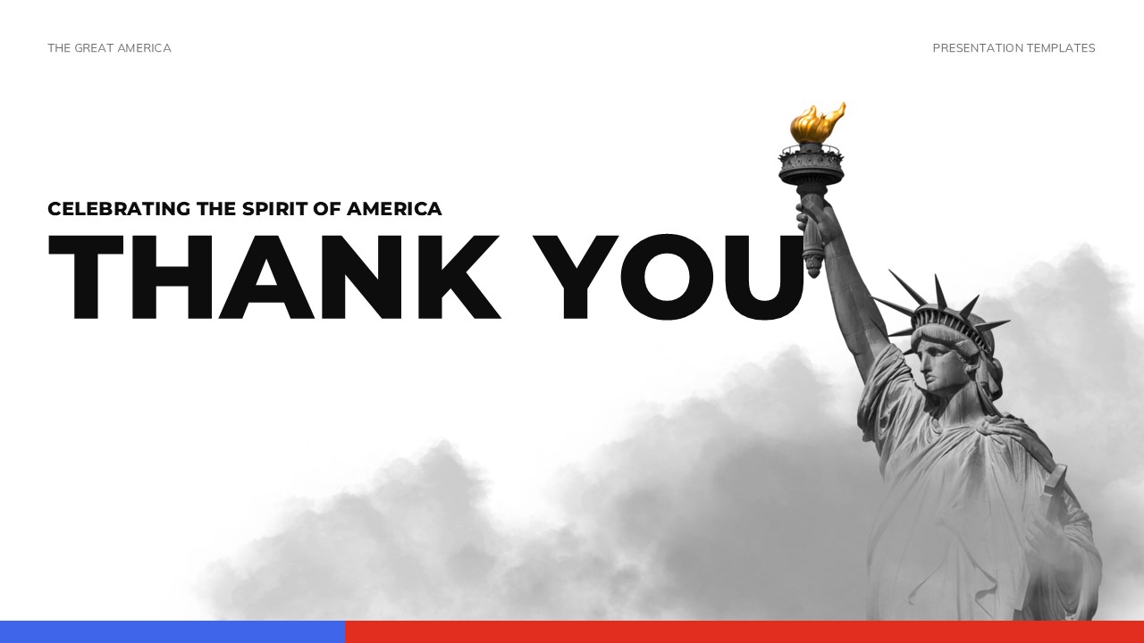 The Great America Thank You Template - Bold THANK YOU typography beside grayscale Statue of Liberty with golden torch accent