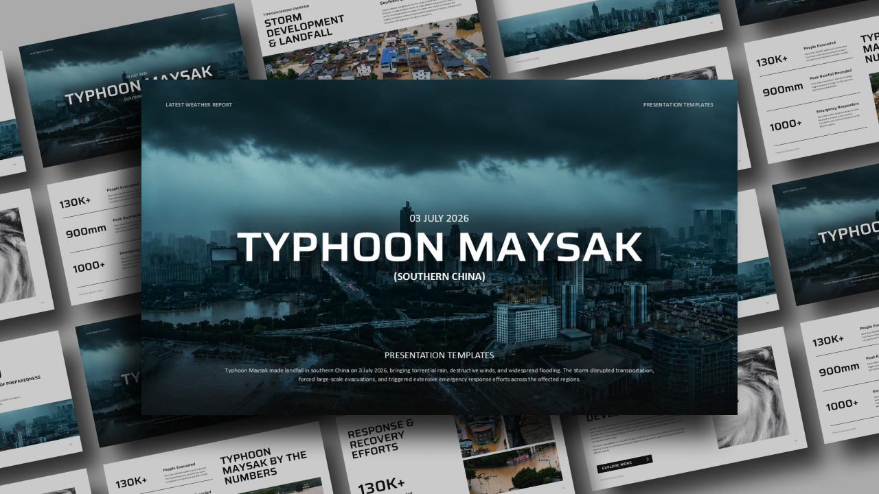 Typhoon Maysak Template - Full 7-slide disaster report presentation preview for Google Slides and PowerPoint