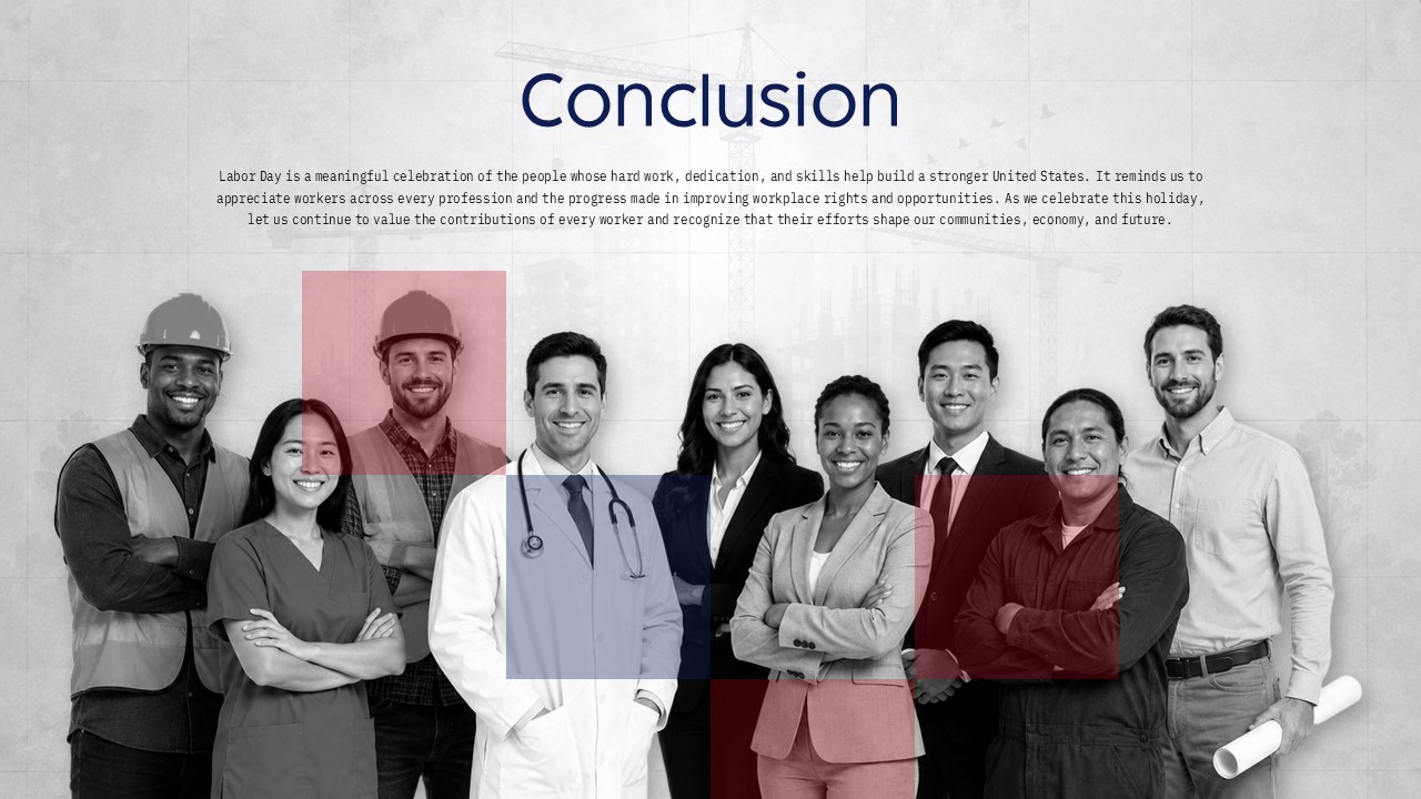 United States Labour Day Template - conclusion slide with summary text and diverse worker group photo