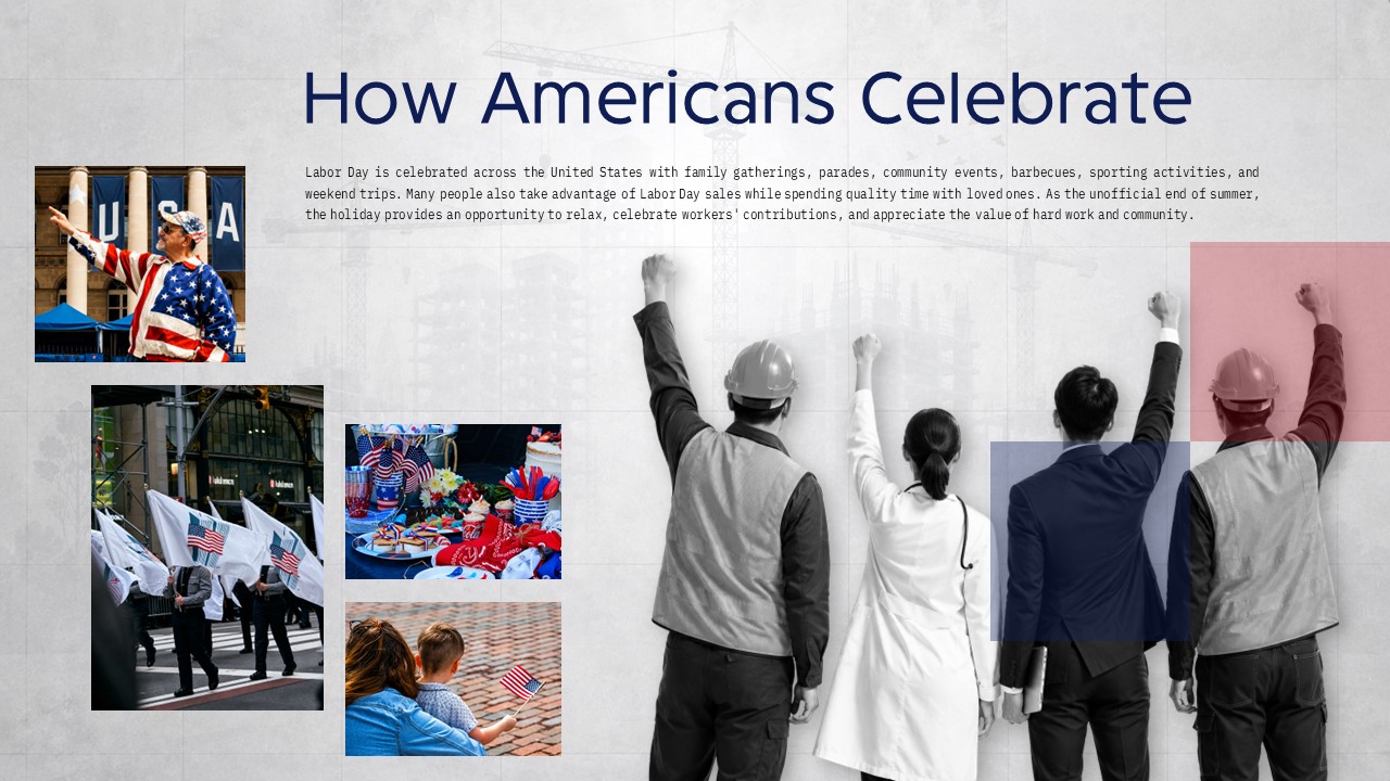 United States Labour Day Template - How Americans Celebrate slide with photo collage and celebration description
