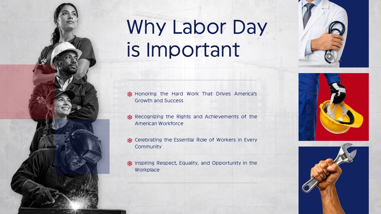 United States Labour Day Template - importance slide with four bullet points and worker portrait imagery