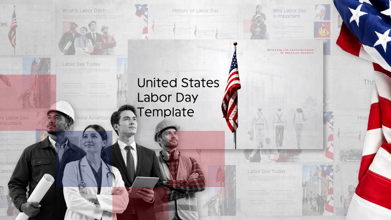 United States Labour Day Template - full slide collection preview with patriotic red, white, and blue design