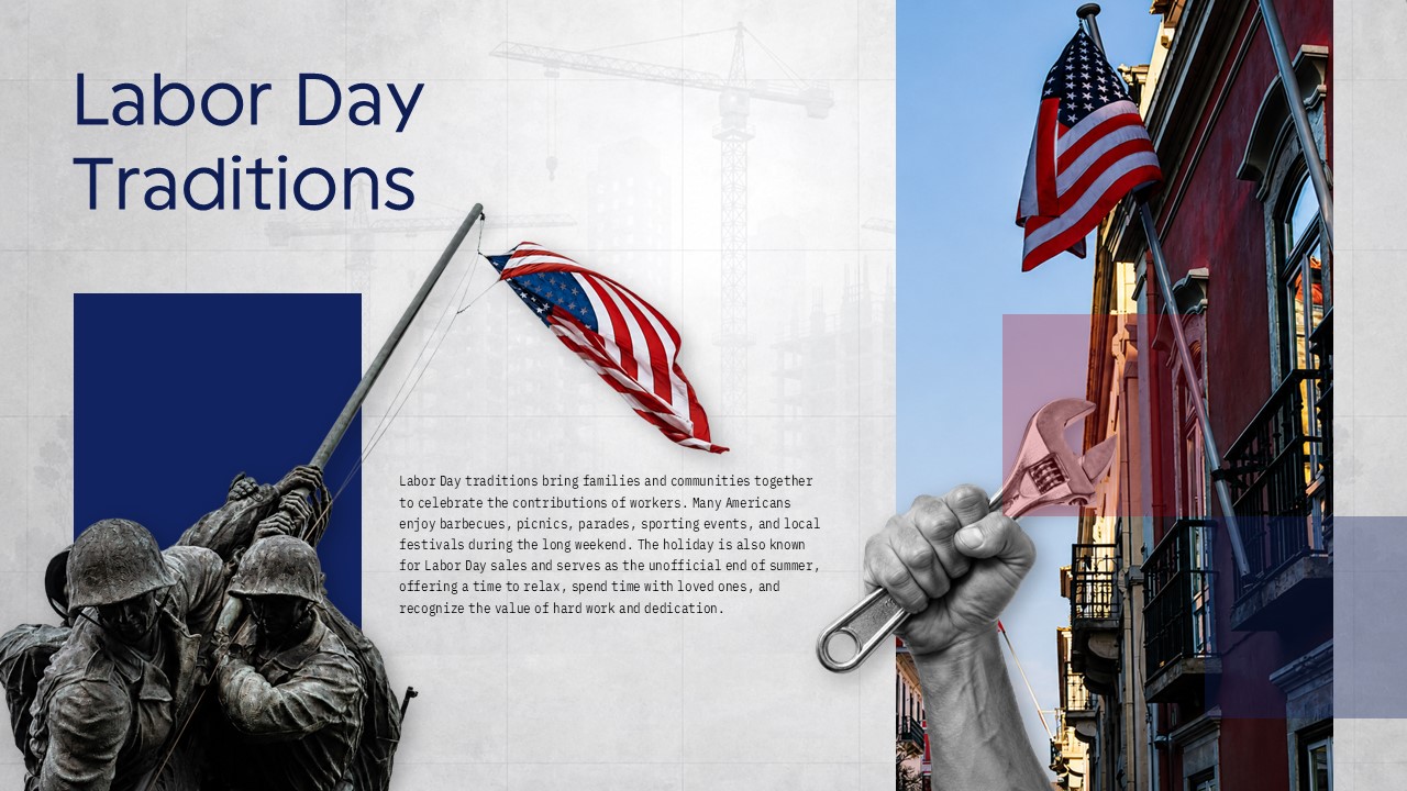 United States Labour Day Template - traditions slide with four-quadrant layout and city street photo