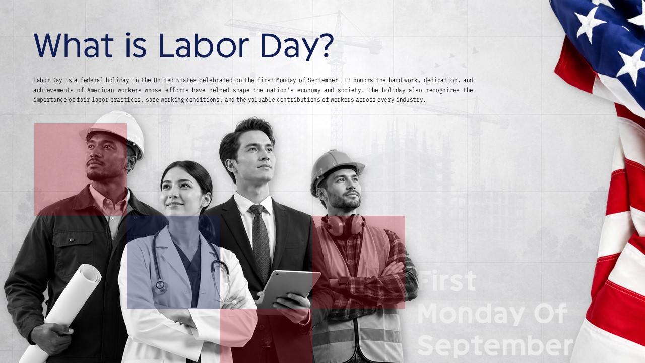 United States Labour Day Template - What is Labor Day definition slide with worker photo collage
