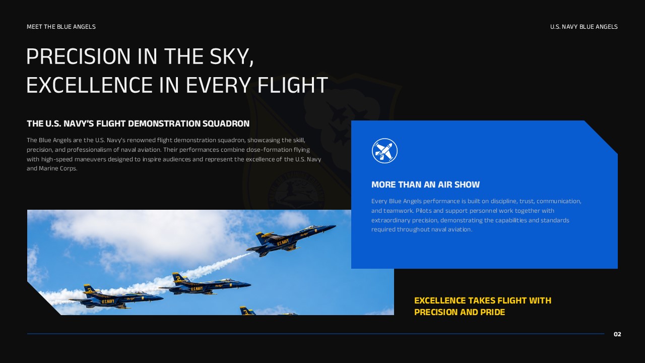 Blue Angels Introduction Slide - Mission statement two-column layout