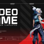 Video Game Template cover slide with white-haired warrior, bold red slash, and tactical esports branding on dark background