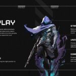 Video Game Template core gameplay slide with dark assassin character, three feature columns, and red separator lines on charcoal background