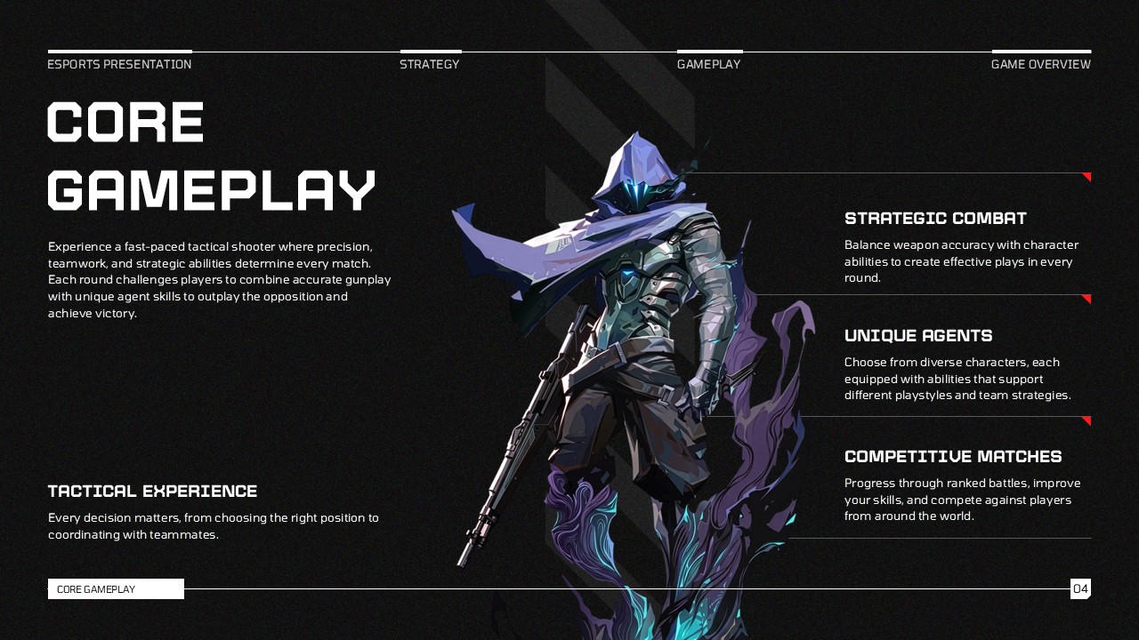 Video Game Template core gameplay slide with dark assassin character, three feature columns, and red separator lines on charcoal background