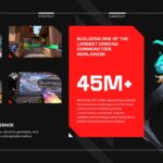 Video Game Template game highlights slide with 45M+ player stat on red panel, four gameplay screenshots, and teal healer character