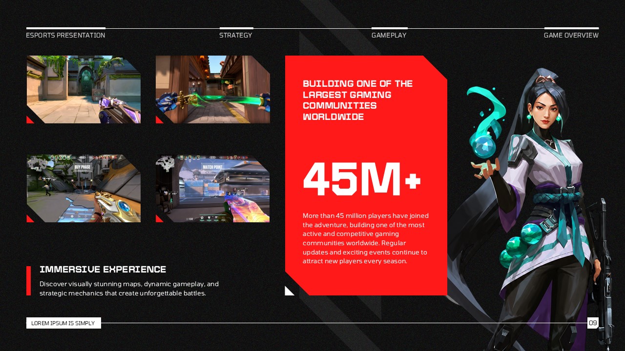 Video Game Template game highlights slide with 45M+ player stat on red panel, four gameplay screenshots, and teal healer character