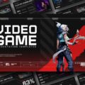 Video Game Template preview showing dark esports design with warrior character, red accents, and tactical HUD-style layout across slides