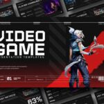 Video Game Template preview showing dark esports design with warrior character, red accents, and tactical HUD-style layout across slides