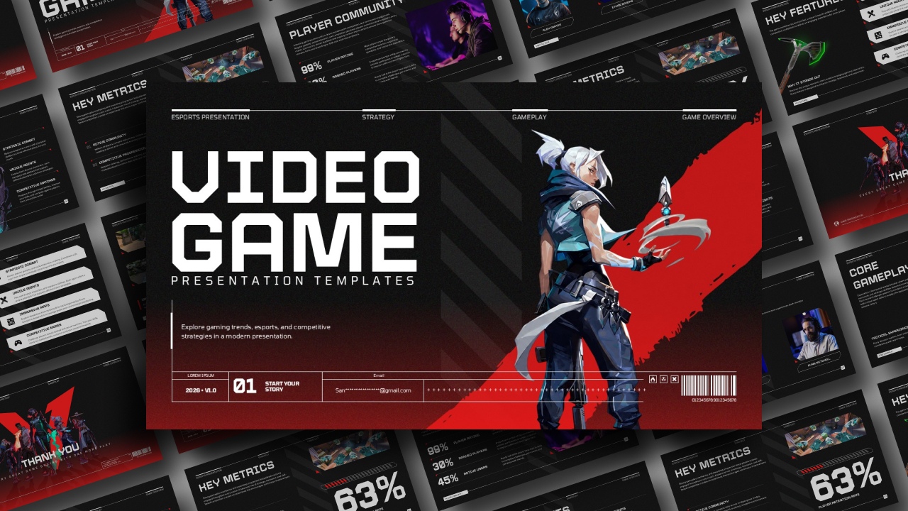 Video Game Template preview showing dark esports design with warrior character, red accents, and tactical HUD-style layout across slides