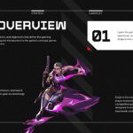 Video Game Template game overview slide with purple glowing character, red accents, and Core Gameplay callout box on dark background