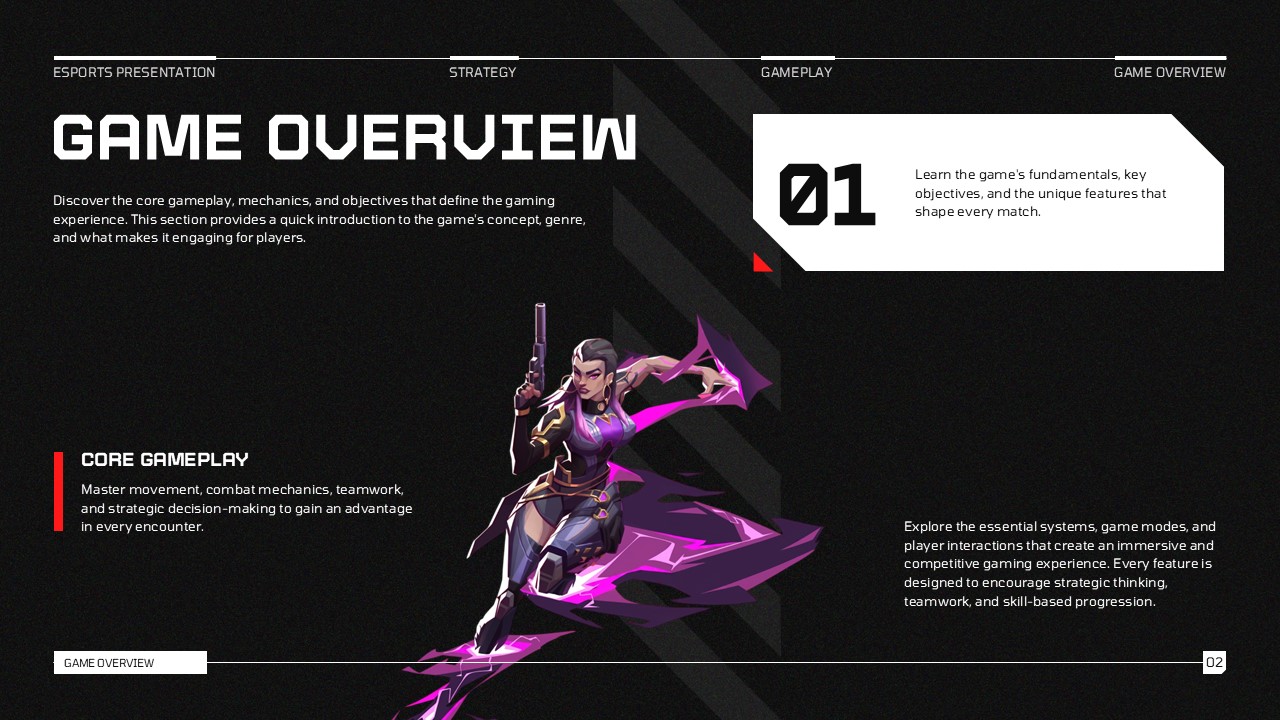 Video Game Template game overview slide with purple glowing character, red accents, and Core Gameplay callout box on dark background