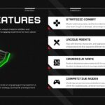 Video Game Template key features slide with four icon cards, a glowing green axe render, and bold feature descriptions on dark background