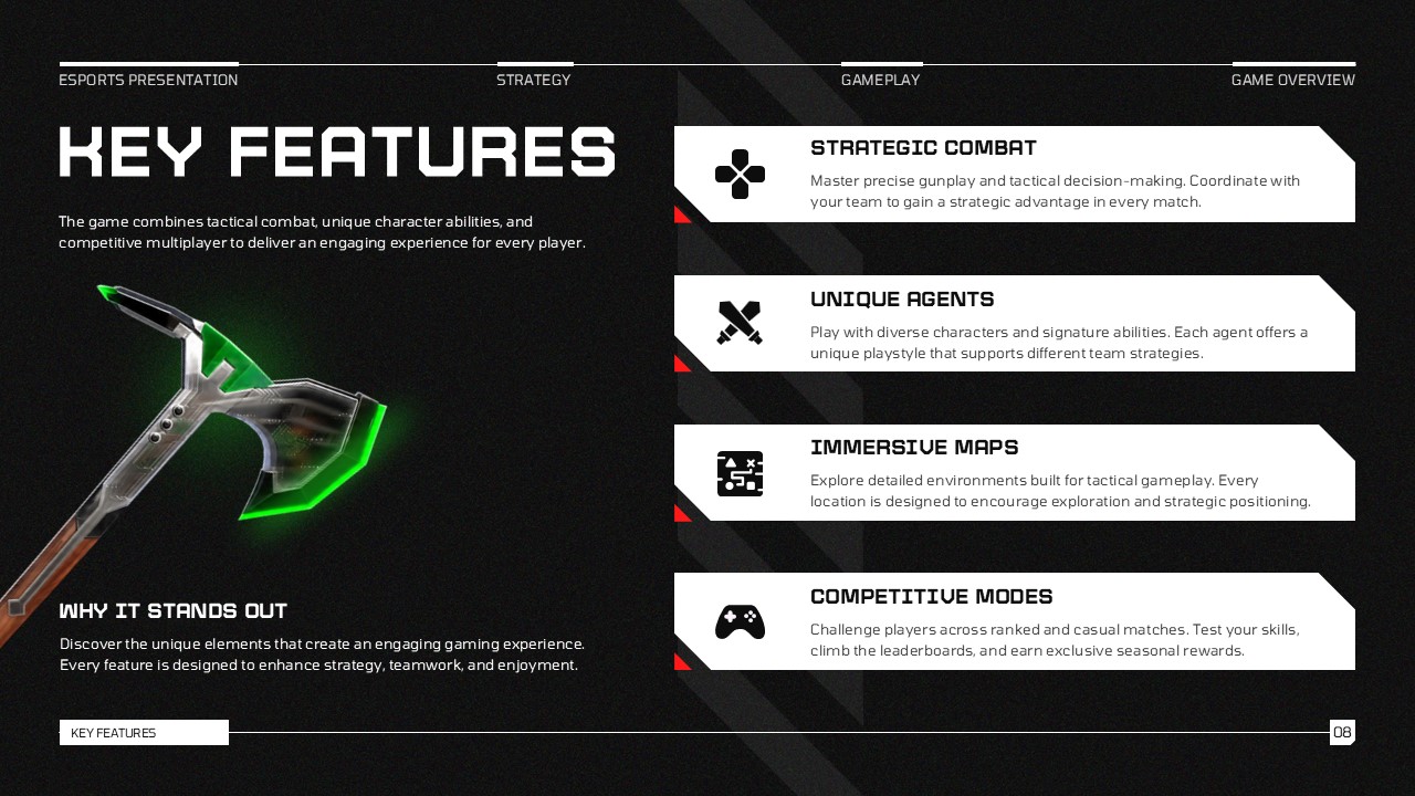 Video Game Template key features slide with four icon cards, a glowing green axe render, and bold feature descriptions on dark background