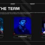 Video Game Template meet the team slide with three square portrait photos of Alex Carter, Ethan Brooks, and Ryan Mitchell