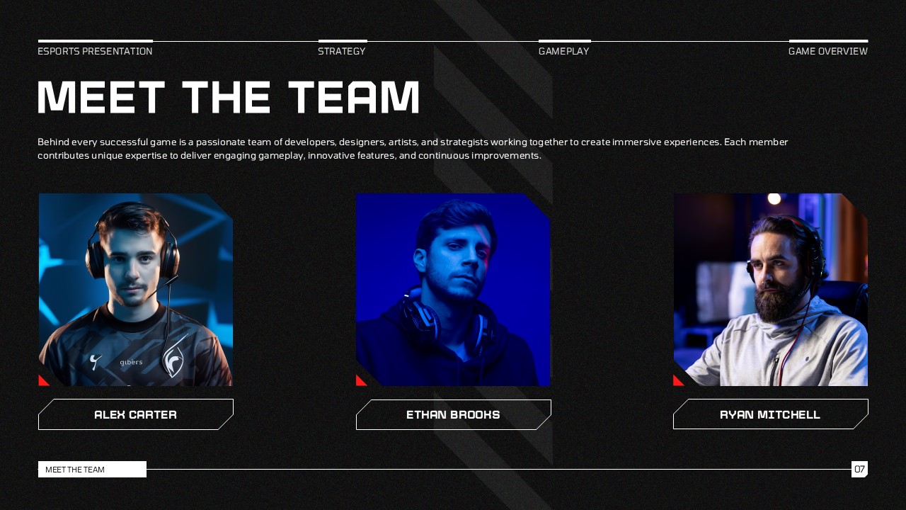 Video Game Template meet the team slide with three square portrait photos of Alex Carter, Ethan Brooks, and Ryan Mitchell