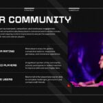 Video Game Template player community slide with 99%, 30%, and 45% statistics and moody esports player photography