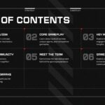 Video Game Template table of contents slide with seven numbered sections in a dark grid layout with red corner accent markers
