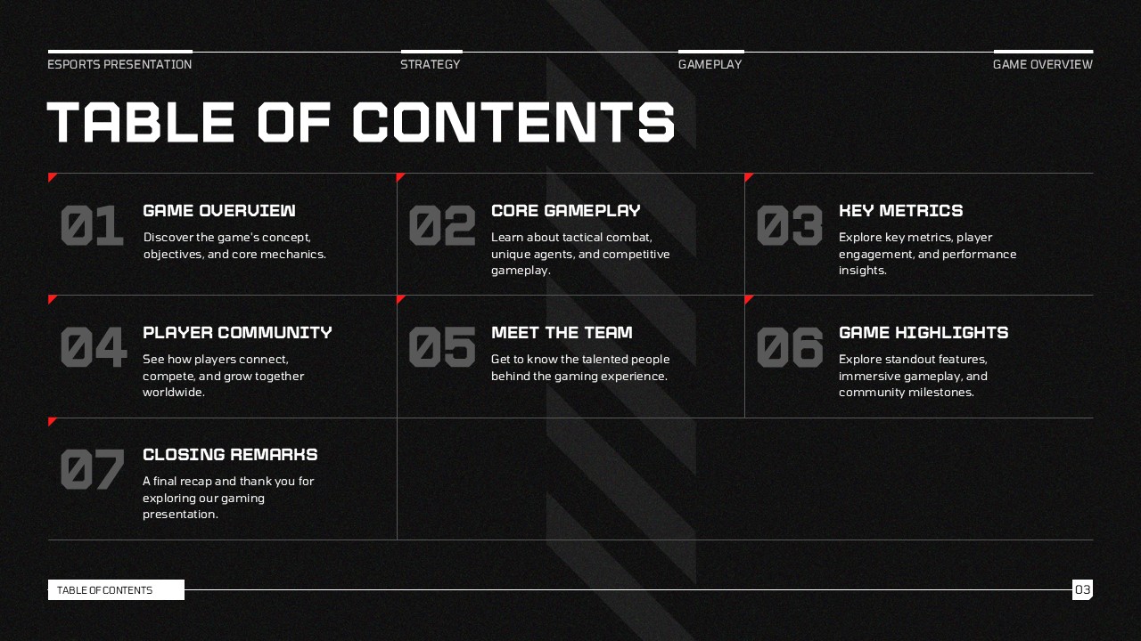 Video Game Template table of contents slide with seven numbered sections in a dark grid layout with red corner accent markers