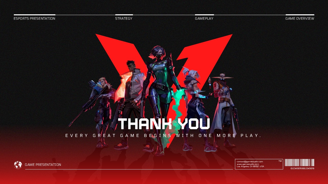 Video Game Template thank you slide with five character illustrations, large red chevron, and centered closing text on dark background