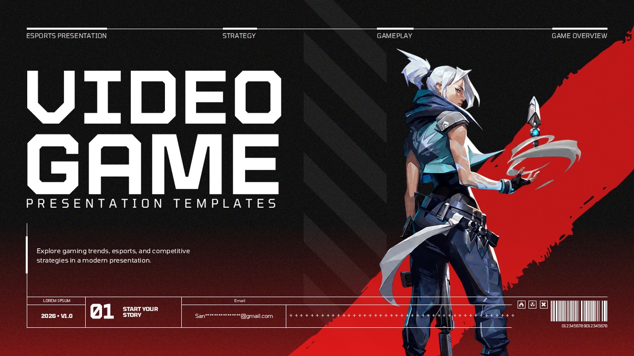 Video Game Template cover slide with white-haired warrior, bold red slash, and tactical esports branding on dark background