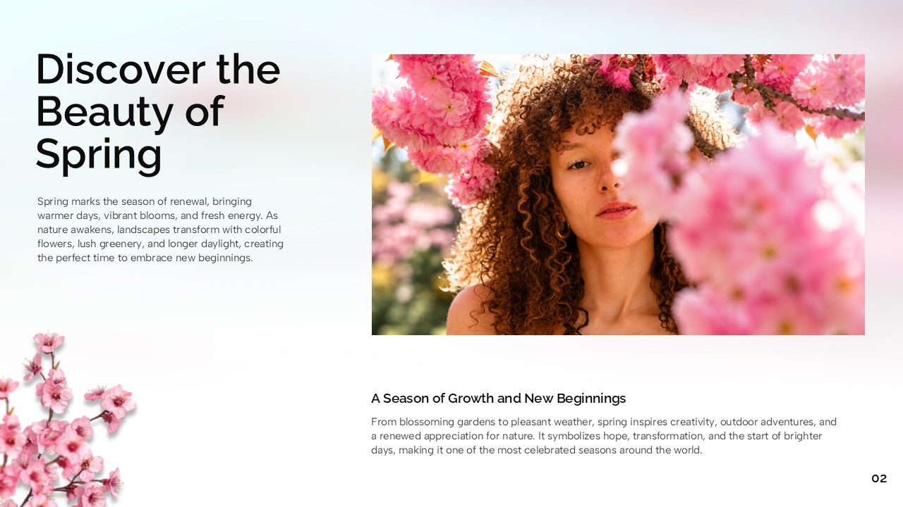 Welcome Spring Template - Introduction slide with woman among blossoms and two-column editorial layout