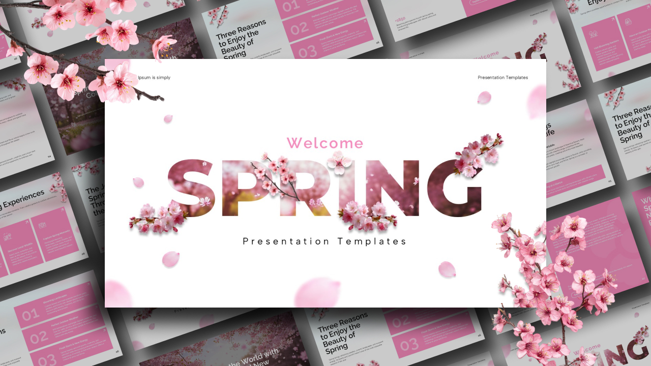Welcome Spring Template - Full preview mockup showing all 11 pink floral slides on dark background
