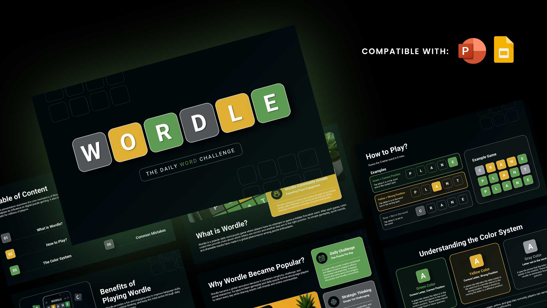 Wordle Puzzle Template - cover slide with colored letter tiles