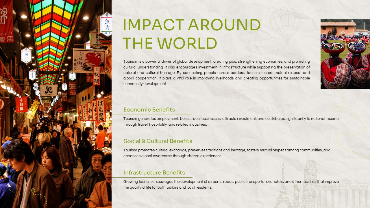 World Tourism Day Template - Global impact slide covering economic, social, and infrastructure benefits
