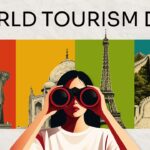 World Tourism Day Template - Cover slide with landmark illustrations and illustrated traveler on crinkled paper
