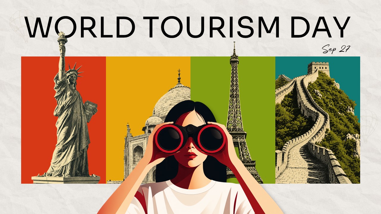 World Tourism Day Template - Cover slide with landmark illustrations and illustrated traveler on crinkled paper